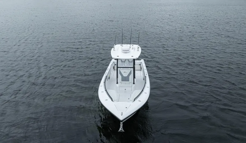  Yacht Photos Pics 2024 Streamline 26 CC boat on calm water, aerial view.
