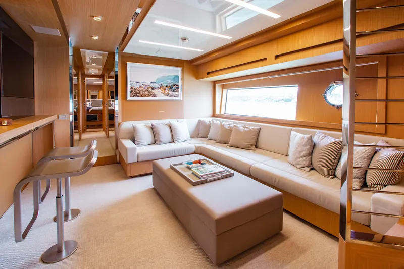 Lady Elkie Yacht Photos Pics Luxurious interior of 2016 Riva 88' Florida yacht with modern seating and decor.