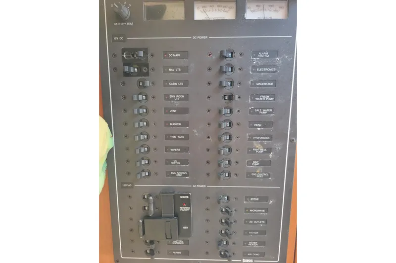Reely Blessed Yacht Photos Pics Electrical control panel of a 1998 Cabo 31 Express with Tower boat.