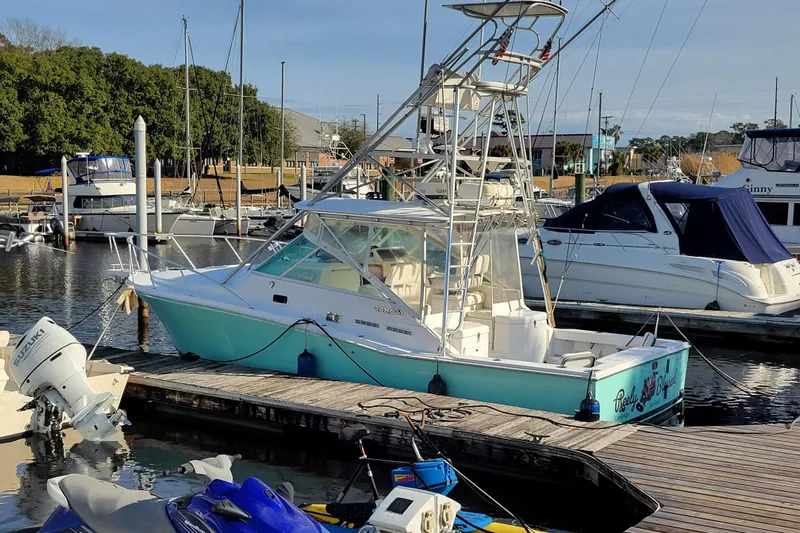 Reely Blessed Yacht Photos Pics 1998 Cabo 31 Express with Tower docked at marina, surrounded by other boats.