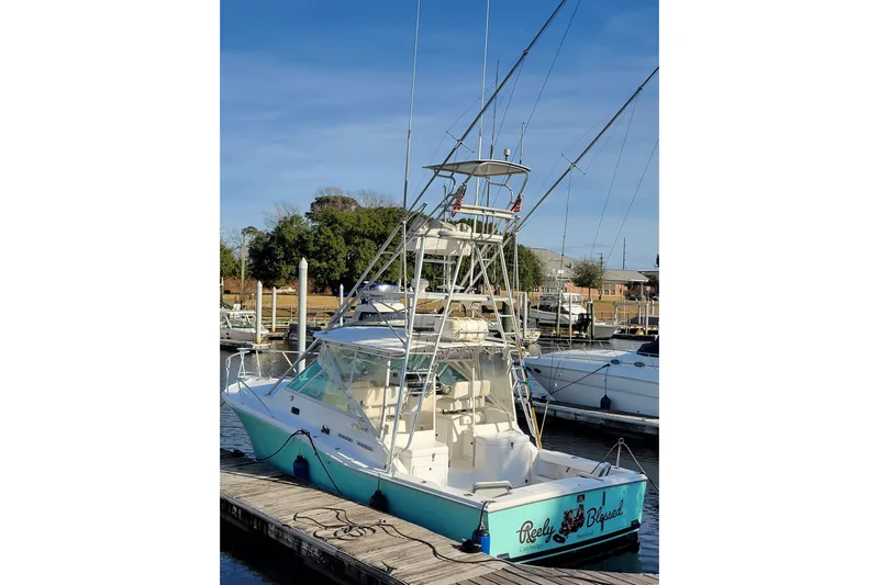 Reely Blessed Yacht Photos Pics 1998 Cabo 31 Express with Tower docked at marina, featuring fishing equipment and clear skies.