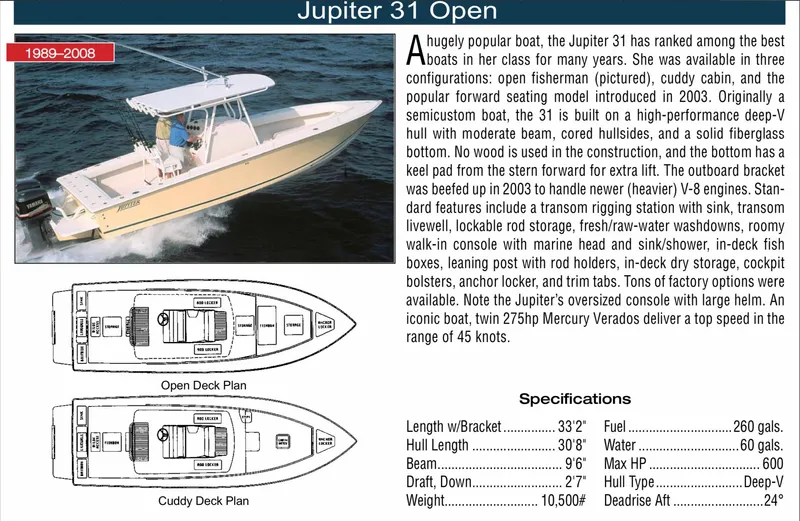  Yacht Photos Pics 2001 Jupiter 31 Open Center Console boat with specifications and deck plans.