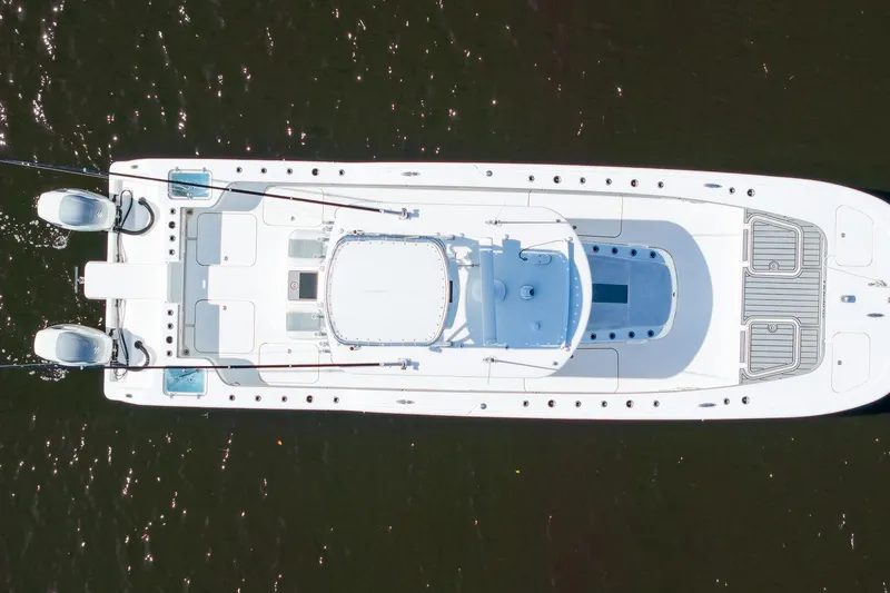  Yacht Photos Pics Aerial view of 2020 Tideline 365 Offshore boat on water.