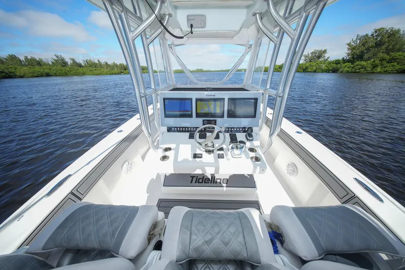  Yacht Photos Pics Cockpit view of 2020 Tideline 365 Offshore boat with advanced navigation system.