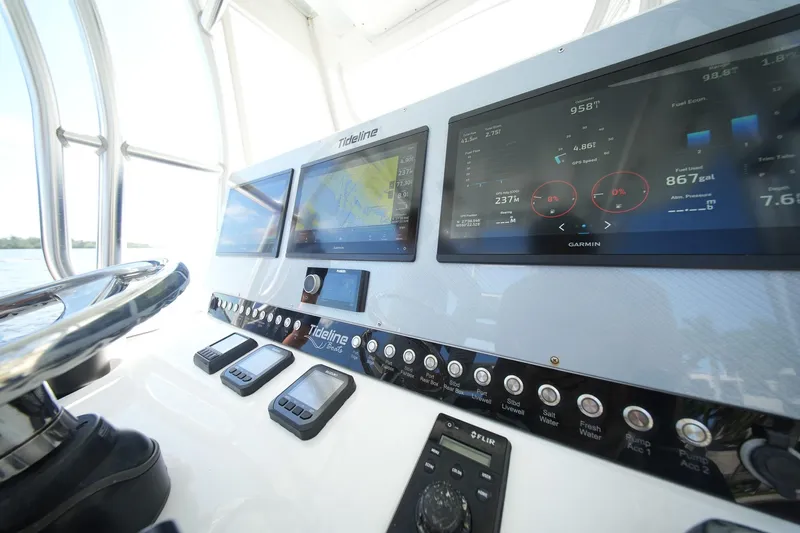  Yacht Photos Pics 2020 Tideline 365 Offshore boat dashboard with advanced navigation and control systems.