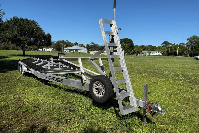  Yacht Photos Pics Trailer for 2020 Tideline 365 Offshore boat on grassy field.