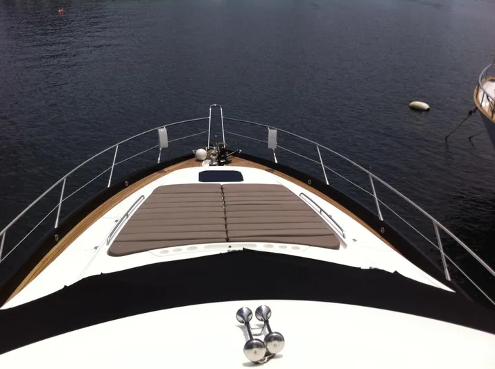 La Chaparrita Yacht Photos Pics Bow view of 2011 Sunseeker Manhattan 70 yacht on calm water.
