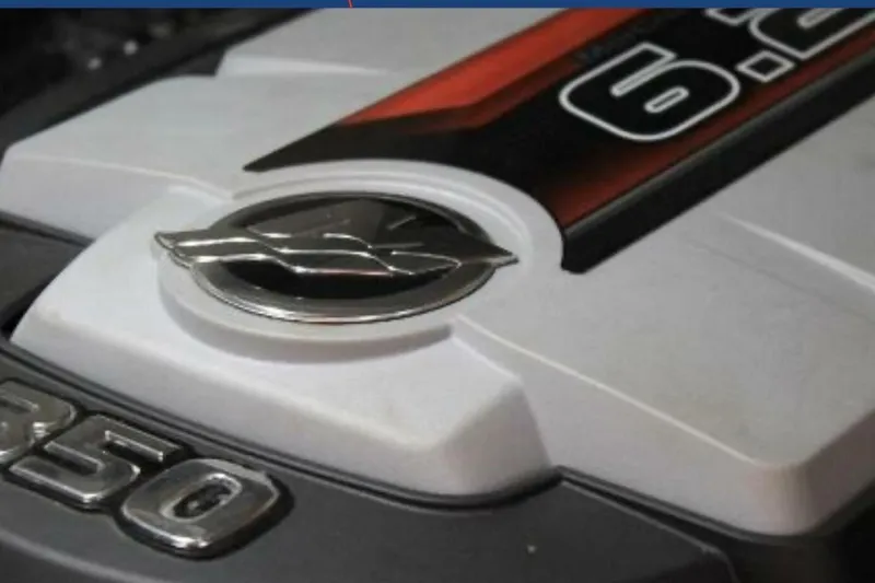  Yacht Photos Pics Close-up of a 2017 Carver C37 engine cover with 6.2L V8 badge.