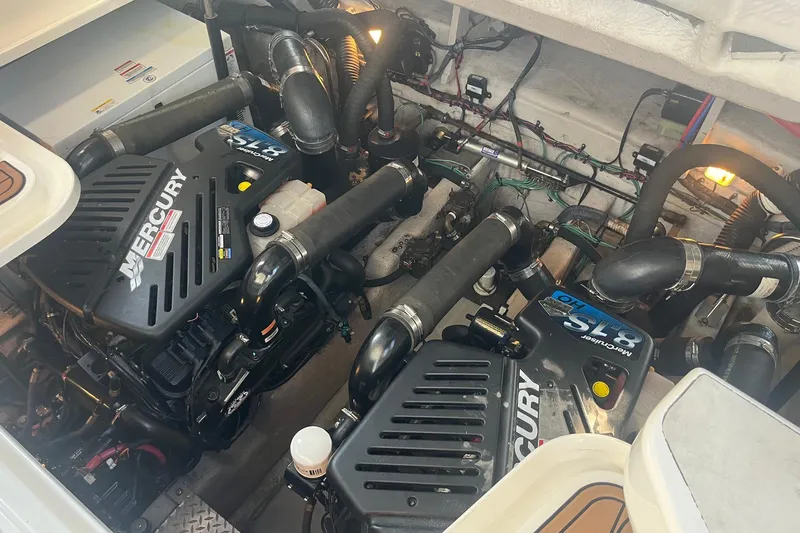 Sonship Yacht Photos Pics Engine room of 2008 Sea Ray 380 Sundancer with twin Mercury engines.