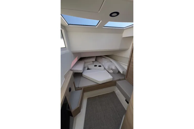  Yacht Photos Pics Interior cabin of 2025 Saxdor 400 GTC boat with modern design and skylights.