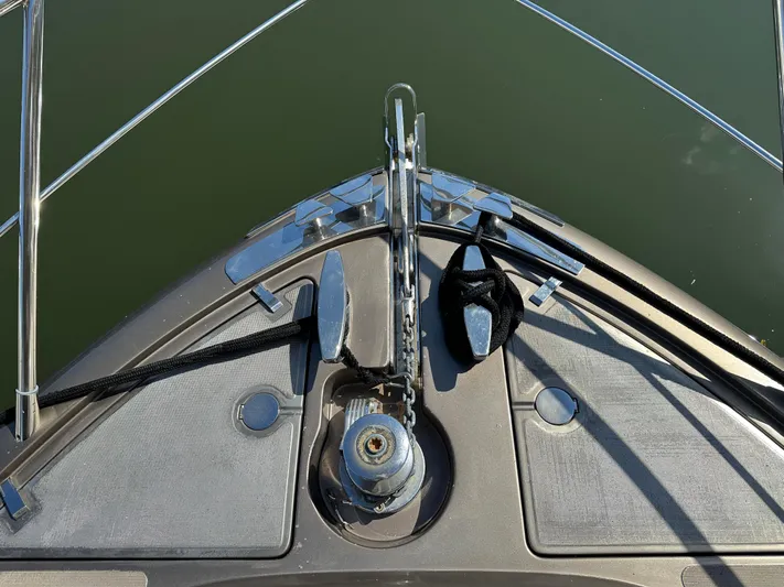  Yacht Photos Pics Bow of 2005 Riva 52 Rivale yacht with anchor and ropes.