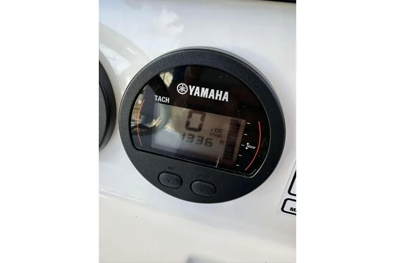  Yacht Photos Pics Yamaha tachometer on 2024 Sea Fox 268 Commander boat dashboard, displaying engine hours.