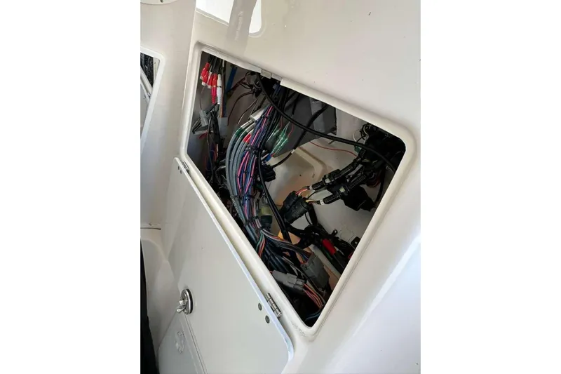  Yacht Photos Pics 2024 Sea Fox 268 Commander wiring compartment with visible cables and connections.