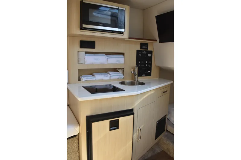  Yacht Photos Pics 2026 Regal 26 XO boat interior kitchen with microwave, sink, and storage.