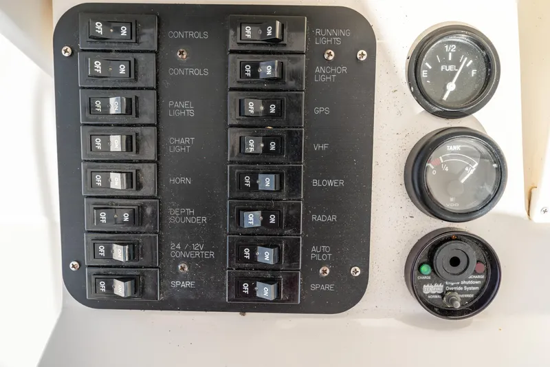  Yacht Photos Pics Boat control panel with switches and gauges, Ocean 57, 2006 model.