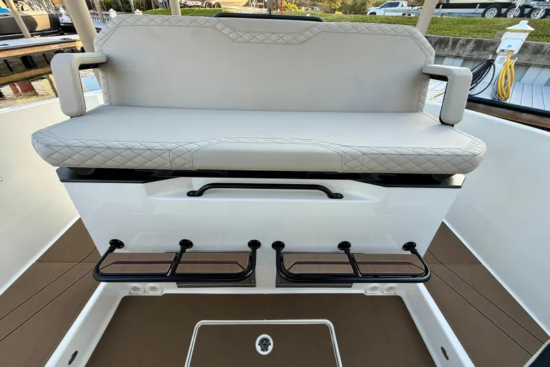  Yacht Photos Pics Luxurious seating on 2026 Navan S30 boat with diamond-stitched upholstery and integrated footrests.