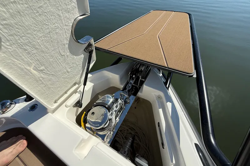  Yacht Photos Pics Anchor compartment of 2026 Navan S30 boat with open hatch and visible winch.