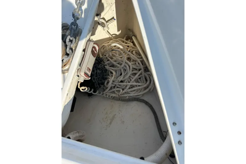 Shamrock Yacht Photos Pics Anchor locker of 2011 Beneteau Oceanis 40 with rope and chain storage.