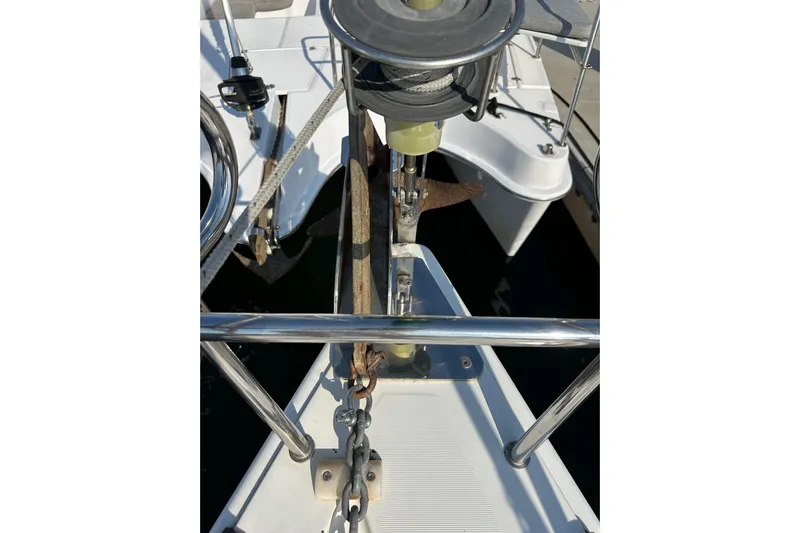 Shamrock Yacht Photos Pics Bow of 2011 Beneteau Oceanis 40 sailboat with anchor and winch system.