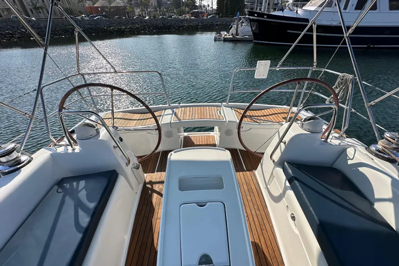 Shamrock Yacht Photos Pics Cockpit view of 2011 Beneteau Oceanis 40 sailboat with dual steering wheels.