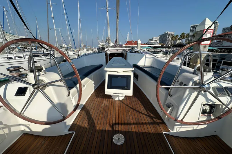 Shamrock Yacht Photos Pics Cockpit view of 2011 Beneteau Oceanis 40 sailboat with dual steering wheels.
