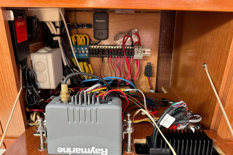 Shamrock Yacht Photos Pics Electrical panel of a 2011 Beneteau Oceanis 40 sailboat with Raymarine equipment.