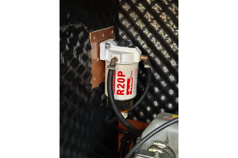 Shamrock Yacht Photos Pics Fuel filter system in a 2011 Beneteau Oceanis 40 yacht engine compartment.