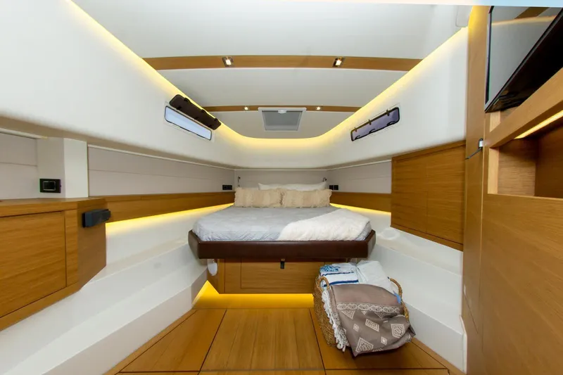 Darya One Yacht Photos Pics Luxurious cabin interior of 2019 Pardo Yachts P43 with modern wood finishes.