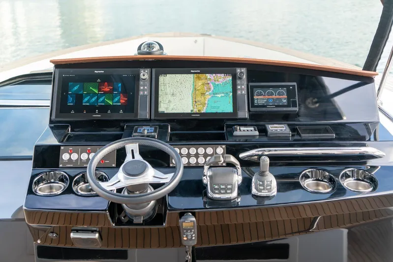 Darya One Yacht Photos Pics Helm of 2019 Pardo Yachts P43 with advanced navigation displays and controls.
