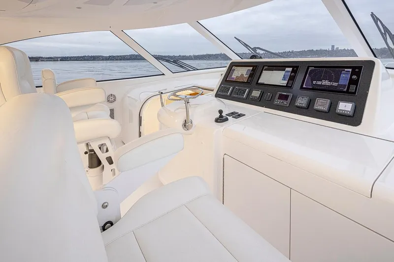 Mixer Yacht Photos Pics Interior helm of 2015 Viking 52 yacht with modern navigation equipment and white leather seats.