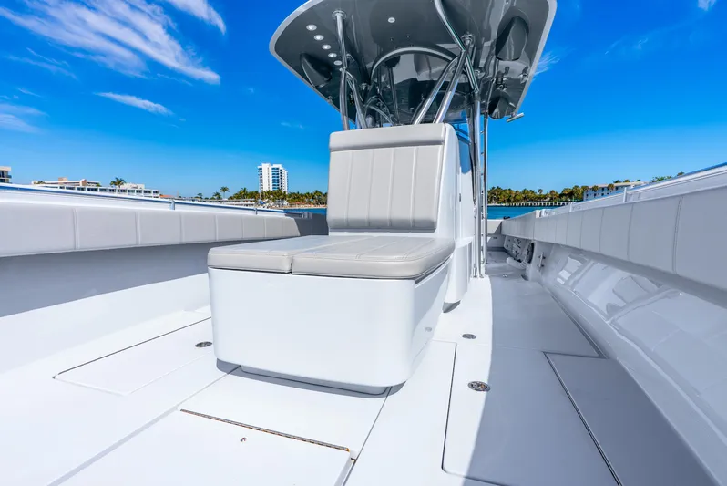  Yacht Photos Pics 2023 Contender 39ST boat interior with sleek seating and modern design.