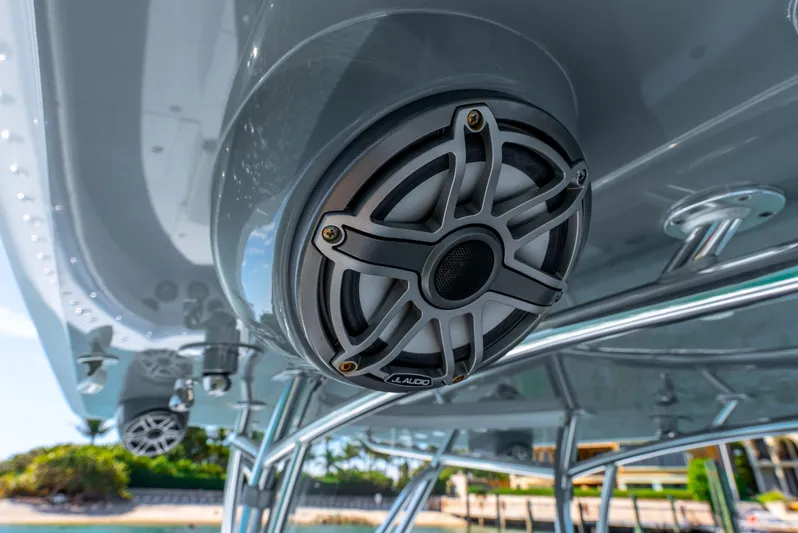  Yacht Photos Pics Close-up of a JL Audio speaker on a 2023 Contender 39ST boat.