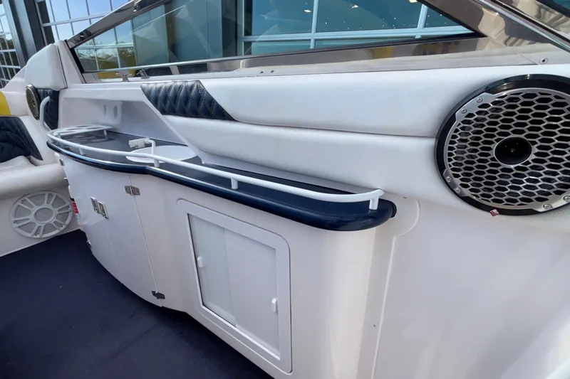  Yacht Photos Pics 2002 Donzi 45 ZX boat interior with speaker and storage compartments.