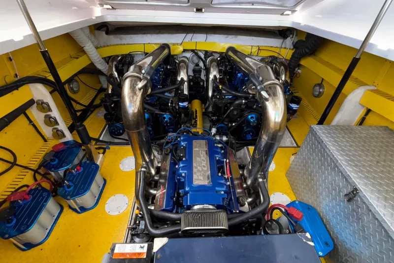  Yacht Photos Pics Engine compartment of a 2002 Donzi 45 ZX boat, featuring powerful dual engines.