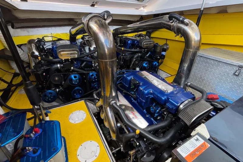  Yacht Photos Pics Engine compartment of a 2002 Donzi 45 ZX boat, featuring powerful Mercury engines.