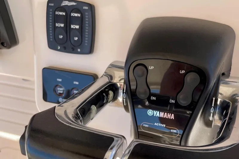  Yacht Photos Pics Yamaha throttle controls on 2012 Grady-White Canyon 336 boat dashboard.