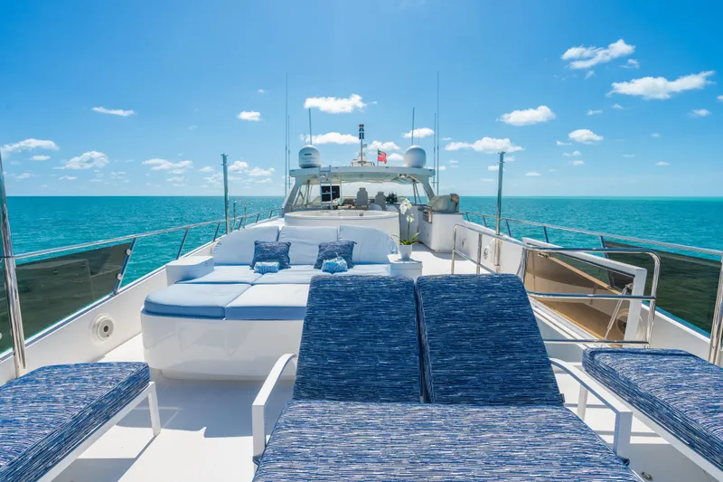 Two Seas Yacht Photos Pics Luxurious 2001 Hargrave Flybridge yacht with sun loungers on a sunny ocean day.