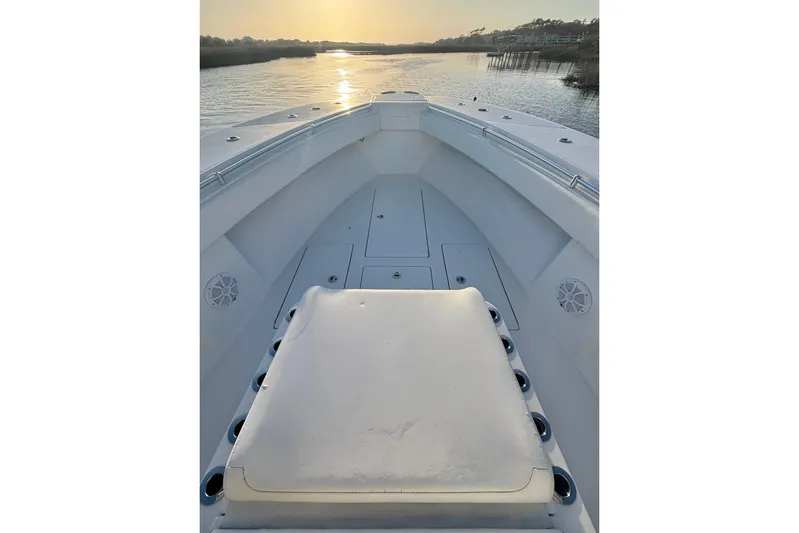  Yacht Photos Pics 2017 SeaHunter 35 Tournament boat deck at sunrise on calm water.
