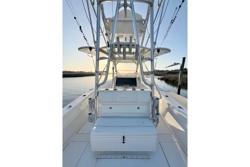  Yacht Photos Pics 2017 SeaHunter 35 Tournament boat with tower, docked at sunset.