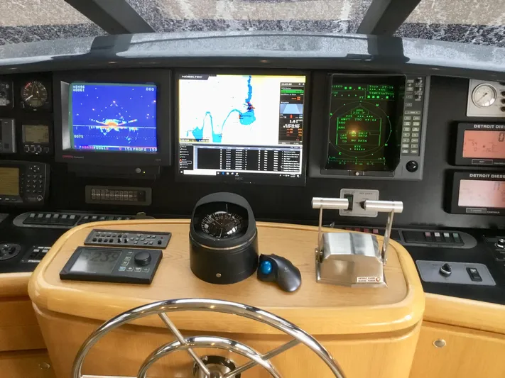 "southern Cross" Yacht Photos Pics 1998 West Bay Sonship helm with navigation screens and controls.