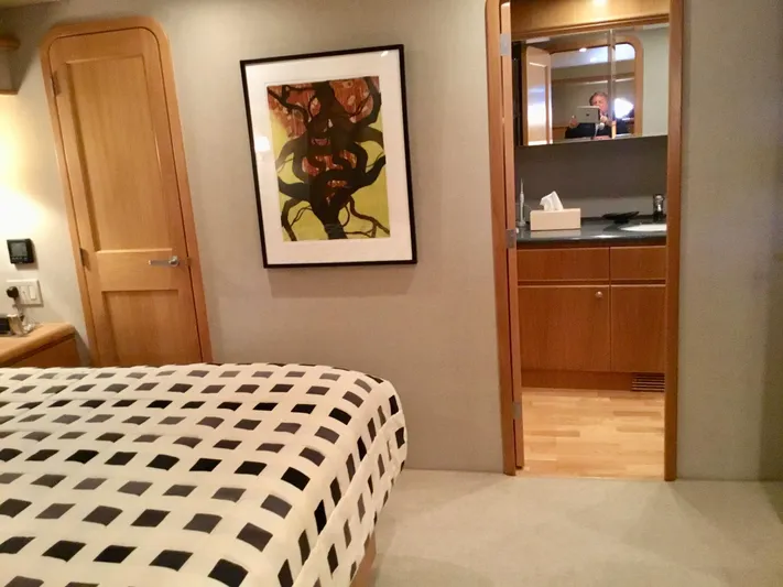 "southern Cross" Yacht Photos Pics Interior of 1998 West Bay Sonship yacht with modern decor and abstract art.