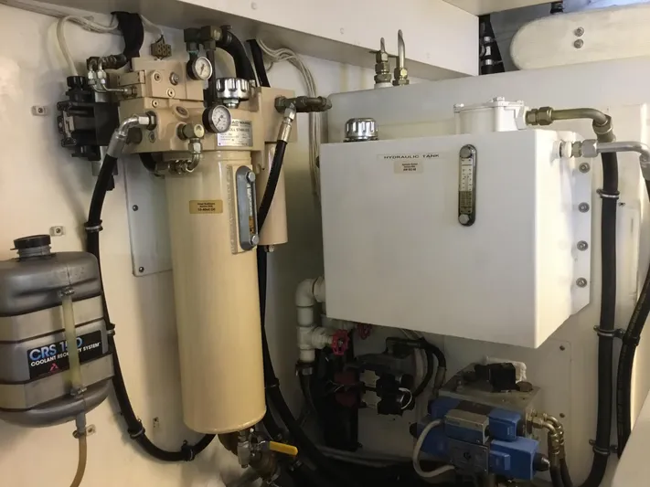 "southern Cross" Yacht Photos Pics Engine room of 1998 West Bay Sonship yacht with hydraulic system components.