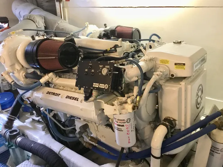 "southern Cross" Yacht Photos Pics Engine room of 1998 West Bay Sonship with Detroit Diesel engine.