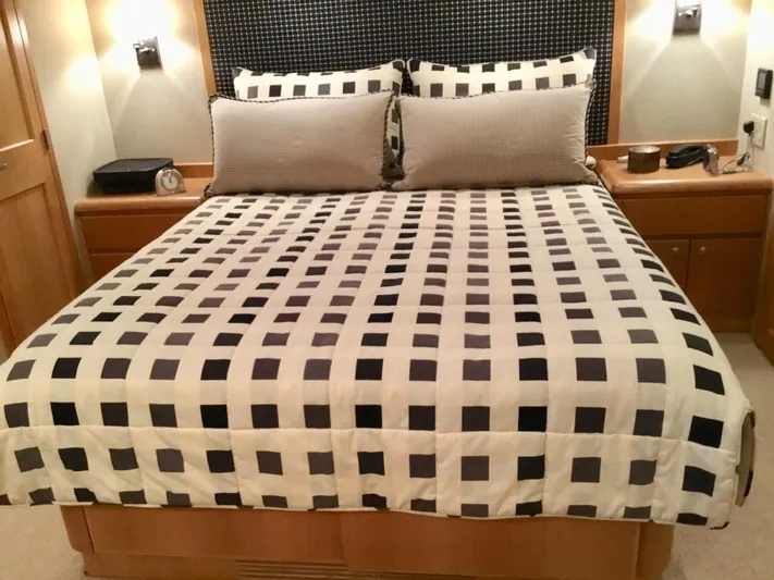 "southern Cross" Yacht Photos Pics Luxurious bedroom interior of 1998 West Bay Sonship yacht with checkered bedding.
