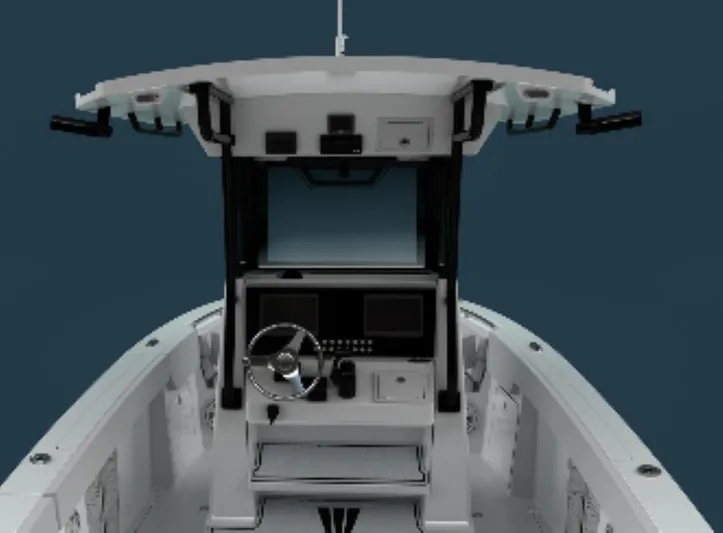  Yacht Photos Pics 2025 Wellcraft 263 Fisherman boat cockpit with steering wheel and controls.