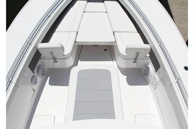  Yacht Photos Pics Manufacturer Provided Image: 2022 Invincible 42 Open Fisherman boat interior with cushioned seating.