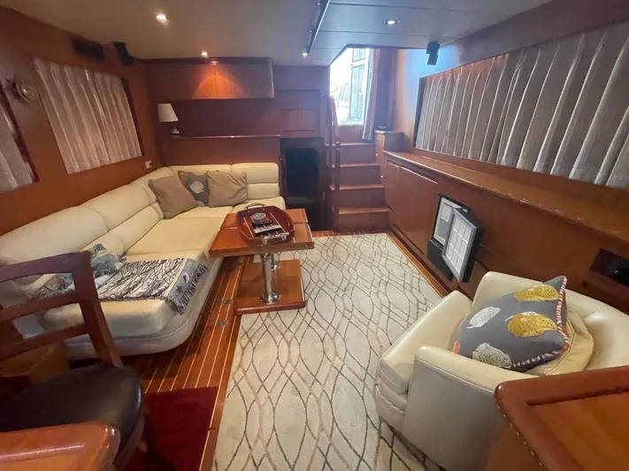 The Lucky Dreamers Yacht Photos Pics Luxurious interior of 2005 Novatec 48 Cockpit Motor Yacht with elegant seating and decor.