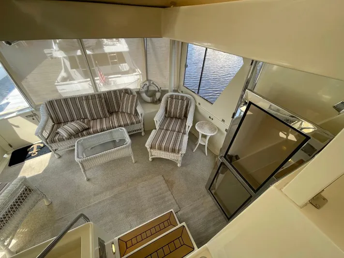 The Lucky Dreamers Yacht Photos Pics 2005 Novatec 48 Cockpit Motor Yacht interior with wicker furniture and striped cushions.