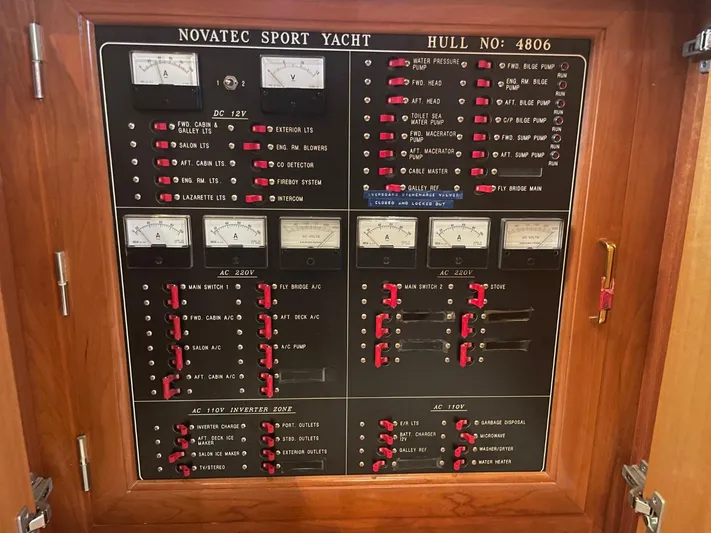 The Lucky Dreamers Yacht Photos Pics Electrical control panel of 2005 Novatec 48 Cockpit Motor Yacht, showing various switches and gauges.
