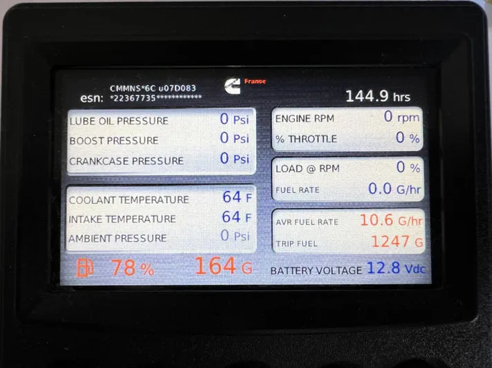  Yacht Photos Pics Engine monitoring display of a 2021 Beneteau Swift Trawler 35 showing various parameters.